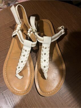White Gold Braided Studded Thong Flat Sandals